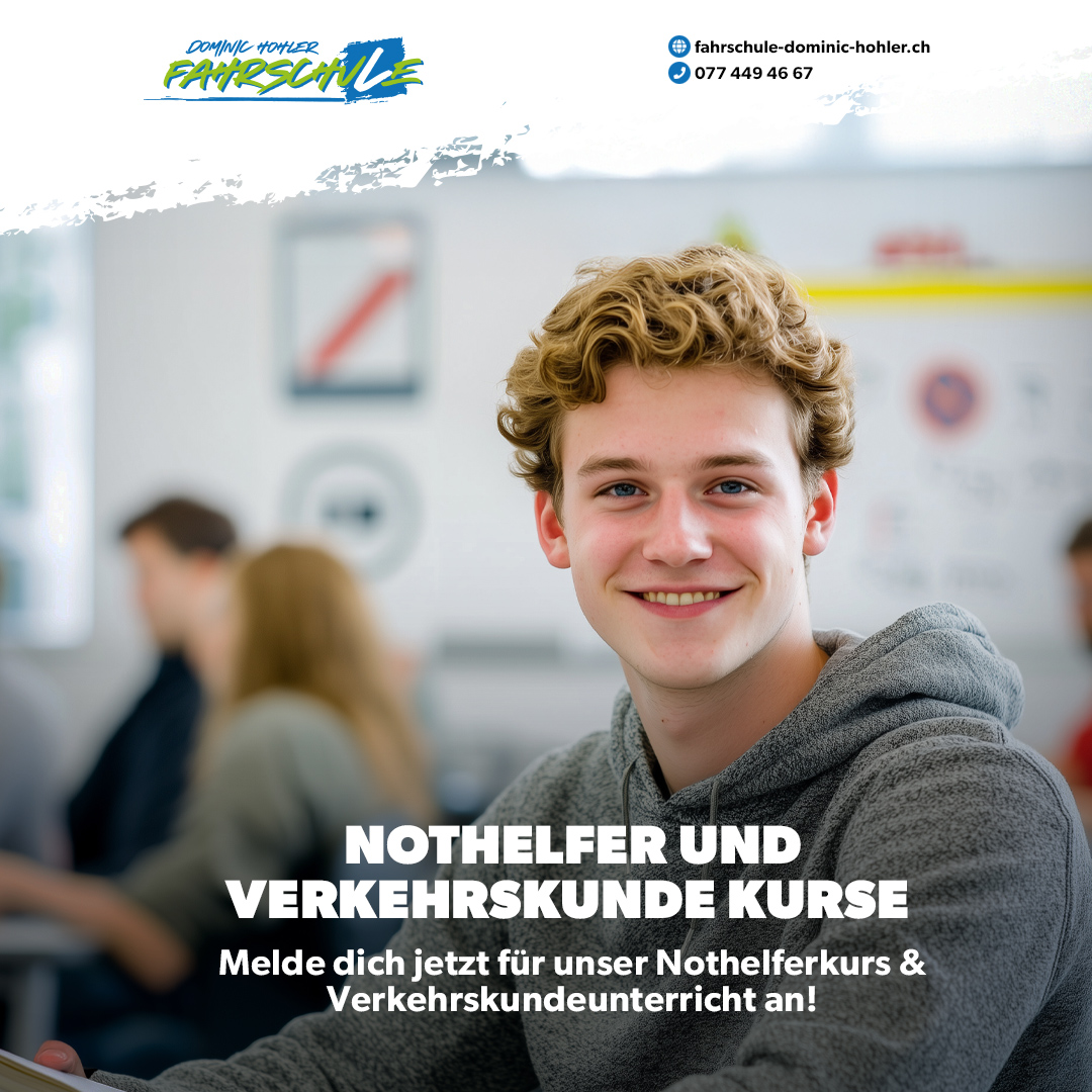 Sicher unterwegs: Melde Dich jetzt f�r Nothelfer- und Verkehrskunde-Kurse an! - <big>Bereite Dich optimal auf den Strassenverkehr vor! Bei der Fahrschule Dominic Hohler lernst Du nicht nur das Fahren, sondern auch, wie Du in Notf�llen richtig handelst und Gefahren vorausschauend erkennst.</big>