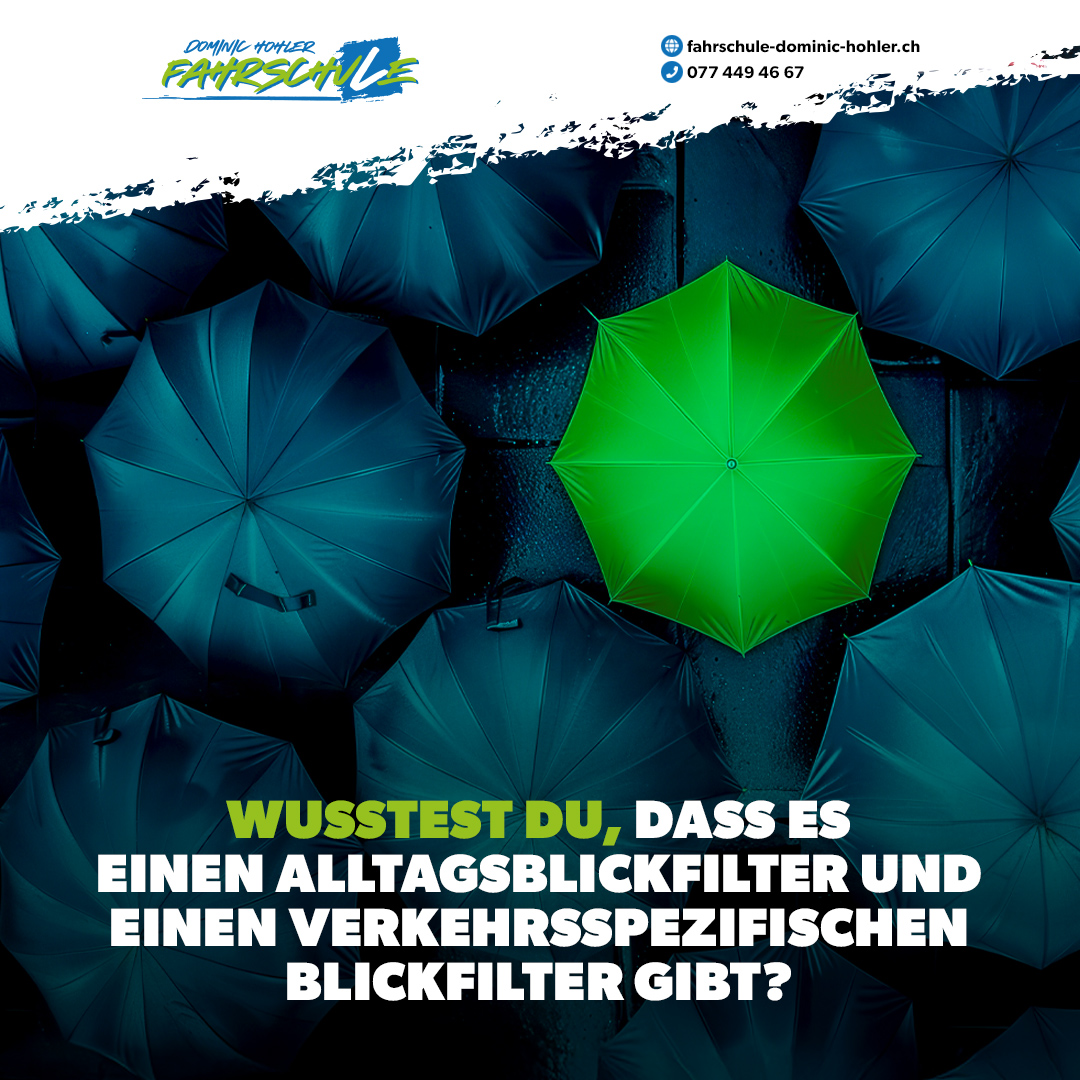 Wusstest du, dass es einen Alltagsblickfilter und einen verkehrsspezifischen Blickfilter gibt? - 🛍️ Der Alltagsblickfilter: Diesen wenden wir zum Beispiel beim Einkaufen oder beim Schlendern durch die Stadt an. Unz�hlige Reize wirken auf unser Auge ein, aber l�ngst nicht alles wird uns bewusst. Suchst Du beispielsweise eine neue Brille, liegt Dein Fokus automatisch auf Brillengesch�ften � Musikgesch�fte beachtest Du in diesem Moment kaum. Wir filtern nach unseren pers�nlichen Interessen und Vorlieben.