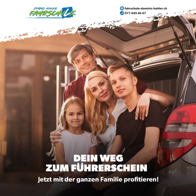 Dein Weg zum F�hrerschein � jetzt mit der ganzen Familie profitieren! - Du planst Deinen Start in die eigene Mobilit�t und willst endlich selbst am Steuer sitzen? Dann habe ich einen coolen Tipp f�r Dich: Bei der <b>Fahrschule Dominic Hohler</b> gibt es jetzt attraktive <b>Familien-Angebote!</b>