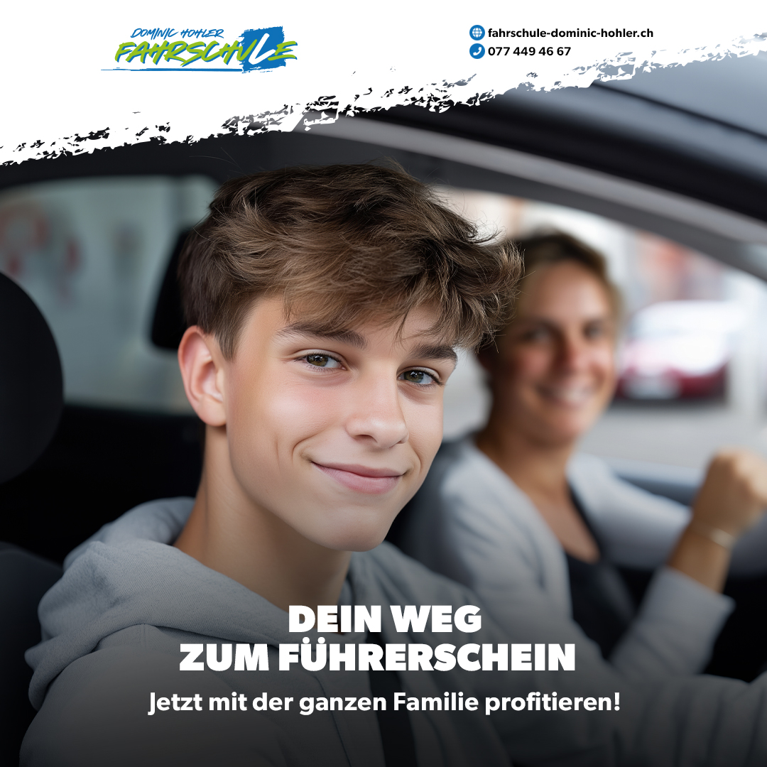 Dein Weg zum F�hrerschein � jetzt mit der ganzen Familie profitieren! - Du planst Deinen Start in die eigene Mobilit�t und willst endlich selbst am Steuer sitzen? Dann habe ich einen coolen Tipp f�r Dich: Bei der <b>Fahrschule Dominic Hohler</b> gibt es jetzt attraktive <b>Familien-Angebote!</b>