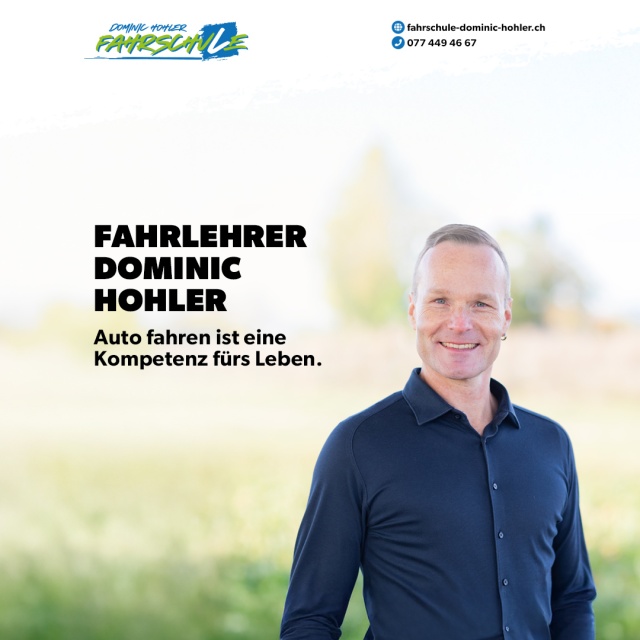 Dein Fahrlehrer Dominic Hohler: Autofahren ist eine Kompetenz f�rs Leben. - Die praktische F�hrerpr�fung ist unser gemeinsames Ziel. Mein pers�nliches Anliegen ist es, dass Du ein sicherer und verantwortungsbewusster Junglenker wirst, der auch schwierige Situationen souver�n meistert.